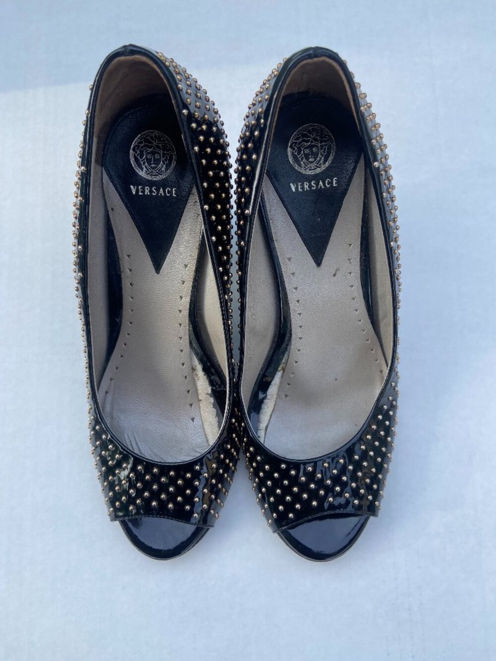 Versace Black Patent Studded Peep Toe Pumps